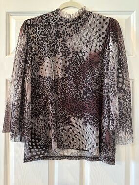 Chico's Sheer Animal-Print Mock Neck Blouse in Taupe, Black and Brown Size 2P 12
